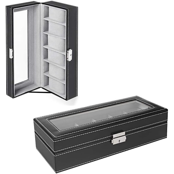 6 Slots Læder Urkasse Display Organizer Glas Smykkeopbevaring Sort
