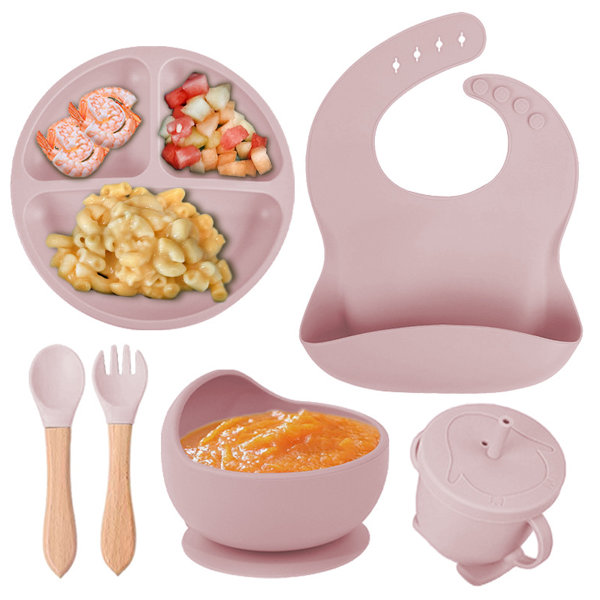 Barnens kompletterande silikonplatta babykompletterande skål smiley platta sexdelad besticksset