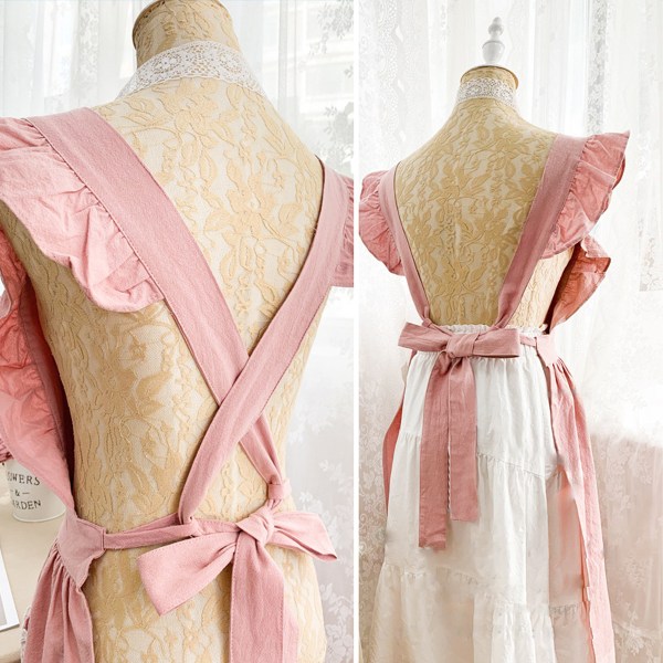 Vintage Cute Maid Ruffle Förkläde för kvinnor Flickor Förkläde Pinafore wi Pink