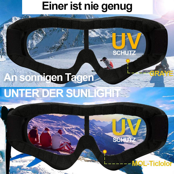 Skibriller, snowboardbriller, vindbeskyttelse, antireflekslinser