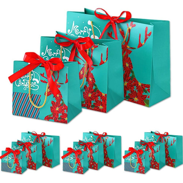 Julklappspåsar, Unika Designer Miljövänliga Återanvändbara Shoppingväskor För Julbordsgodis, Robust Konstruktion Med Eleganta Handtag (12-pack)