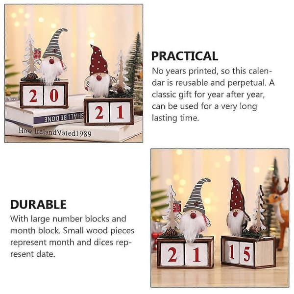 Julkalender i trä för skrivbord, evighetskalender, 2-pack