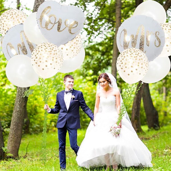 Elegant Bröllopsdekor, Premiumkvalitet Elegans Just Married-paket för Förlovningsfest, Vitt & Guld Tema