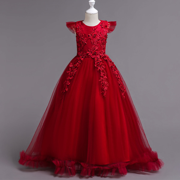 Children's evening dress Girls' Flower Girl Wedding Dress Princess dress lace embroidered long Red 140cm