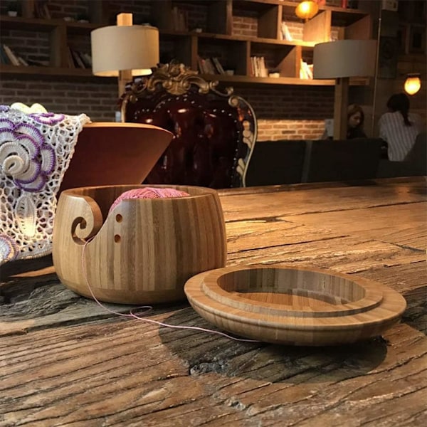 Stickad skål i bambu, med lock, för hantverk, virkning