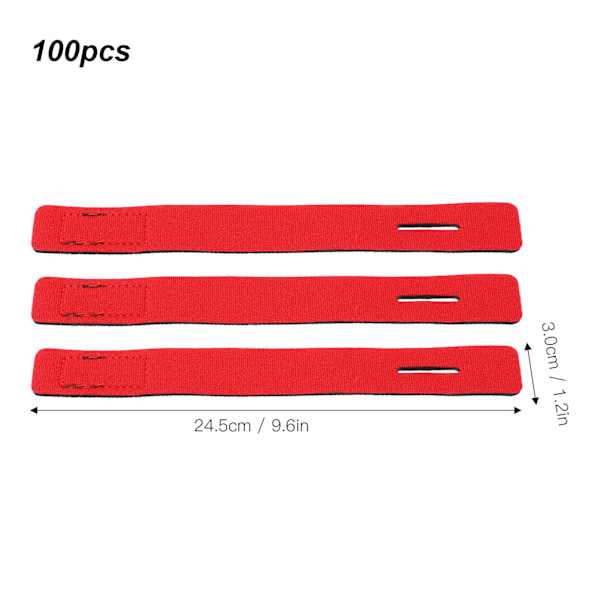 100 stk. fiskestangsbånd, stangfikseringsbånd, elastisk stangbånd, holder med krog og løkke-design, rød