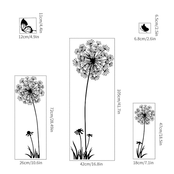 Miljövänliga Väggdekaler med Maskrosor, Blommor och Fjärilar för Släta Ytor, Perfekt för Flickrum och Vardagsrum (Återanvändbara)