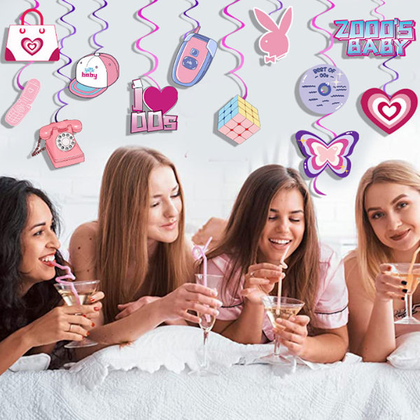 Y2k Tema Rosa Party Virveldekorationer, Stark och Lätt Kartong Återanvändbar Dekor För Födelsedagsfester För Tjejer, 24 st Hängande Virvlar Med Ljus
