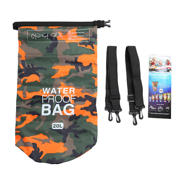 Vanntett tørrpose i polyester PVC, lett, sammenleggbar, bærbar rulletopp tørrpose for svømming, oransje kamuflasje, 20L