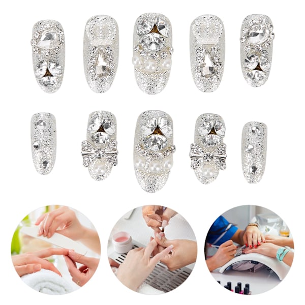 10 st / låda Rhinestones Faux Pearl Fake Nails Kvinnor Flickor Full Cover Falska Nagelspetsar