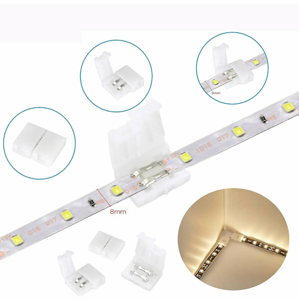 Kopplingssats för LED-strips 8 mm breda, snabb installation med snäppfäste, 2-polig ledare, vattentät kompatibilitet