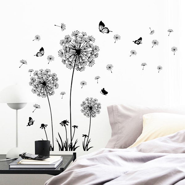 Miljövänliga Väggdekaler med Maskrosor, Blommor och Fjärilar för Släta Ytor, Perfekt för Flickrum och Vardagsrum (Återanvändbara)
