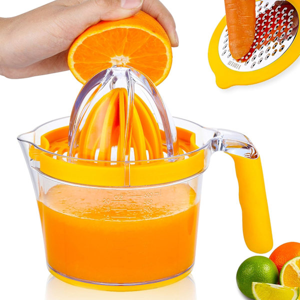 Citruspress, Manuell Handpress med Inbyggd Mätkopp, 590ml, Livsmedelsgodkänd ABS, Säker & Hållbar, Halkfri Bas, Idealisk för Citron och Apelsin