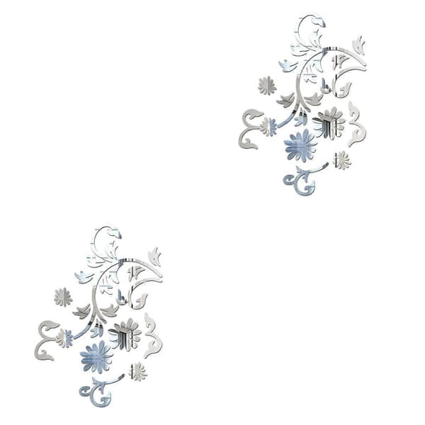 DIY Väggdekal Blomsterspegel Design för Rumsdekoration 2 st Silver