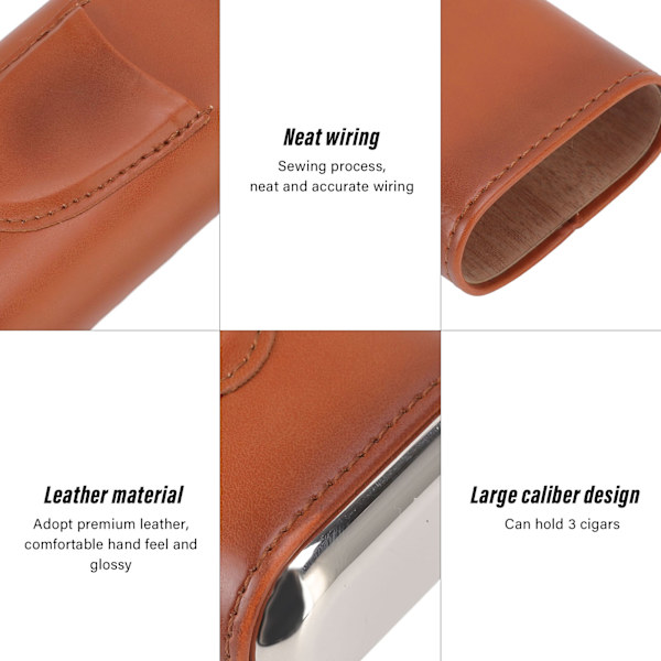 3 Finger Cigar Case Iron Cover Portable Soft Glossy Leather Cigar Holder Case with Cutter for Travel Brown