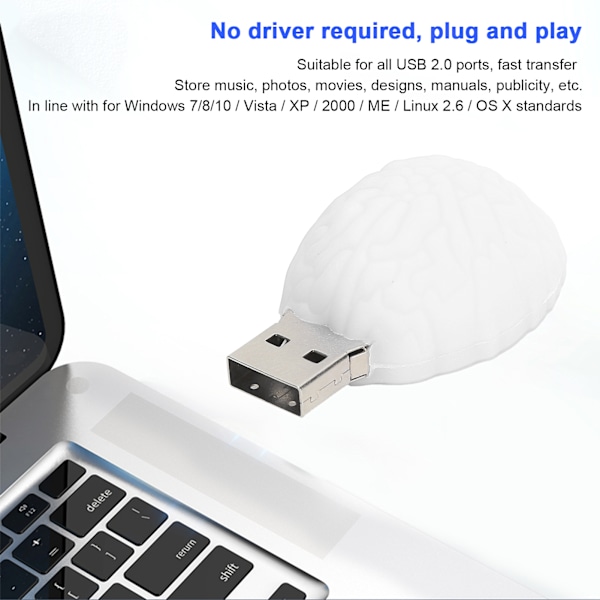 Minnepinne 2.0 USB Flash-stasjon Pendrive Bærbar Dataoppbevaring Tegneserie Hjerne Dukke Hvit 16 GB