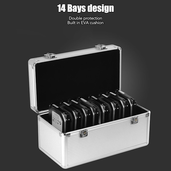 Harddisk-oppbevaringsboks 14 rom Dobbel beskyttelse Sikkerhetslåsdesign Harddiskveske for 2,5 tommers 3,5 tommers harddisk