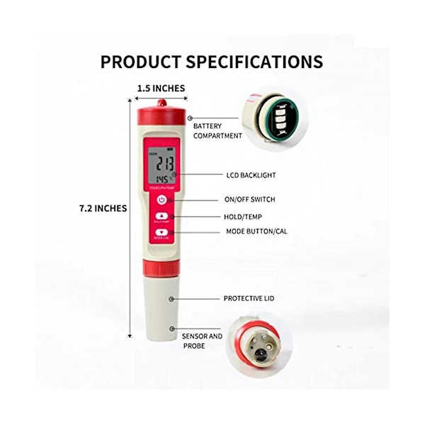 Digital pH-mätare Vattenkvalitetstestare 4-i-1 pH/TDS/EC/Temp 0,01 pH Noggrannhet TDS Testpenna Läsare W