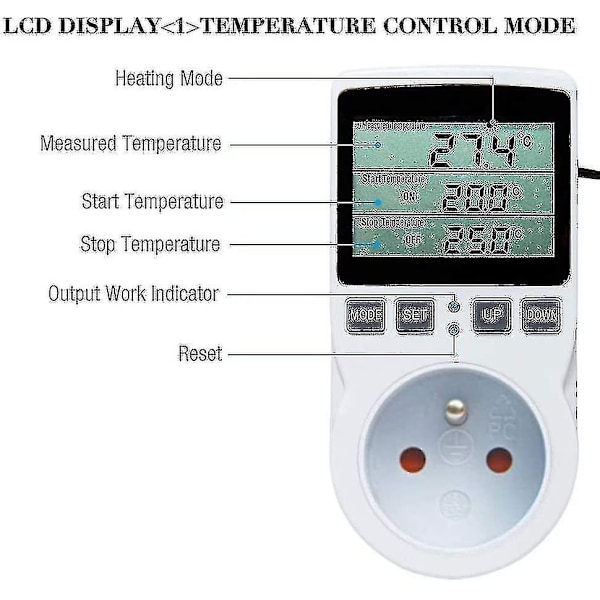 Digital temperaturregulator stikkontakt opvarmning køling termostat 230V med sensor stikkontakt og sonde LCD-skærm til drivhus, akvarium, terrarium, rep