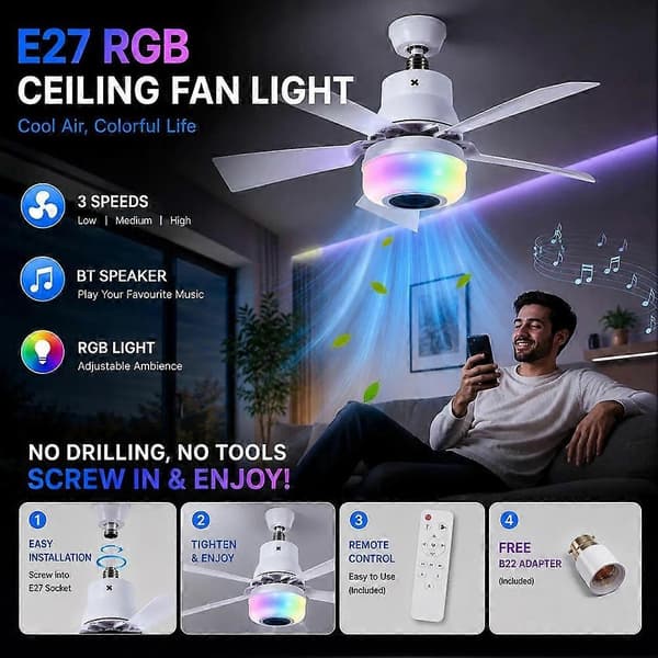 Smart E27 RGB Loftventilatorlampe med Bluetooth-højttaler, ingen boring skrues i loftventilatorlampe til soveværelse hjemmekontor White