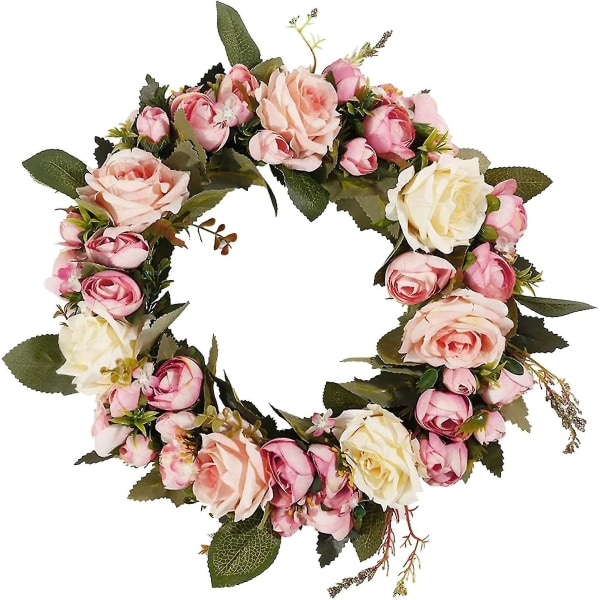Renatuhom kunstig rosenkrans, krans, krans, pink forårskrans, silkeroser, kunstige blomster til dekoration, jul, bryllup, fødselsdag, pejs