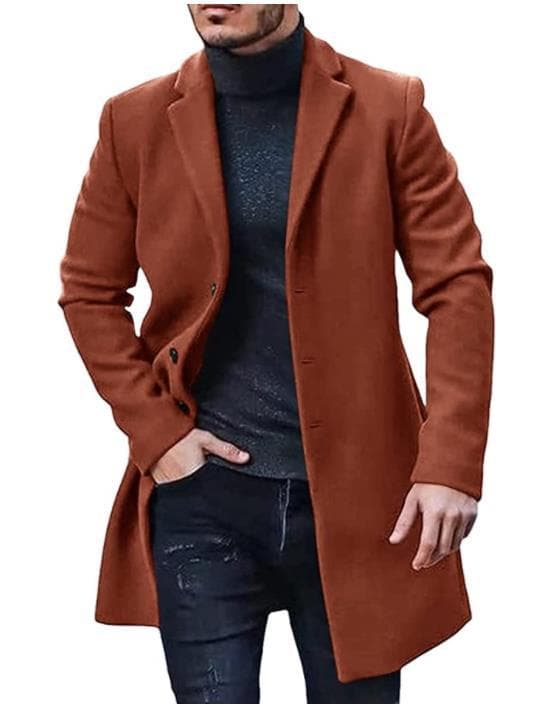 Menn's ullfrakk, midtlengde trenchcoat