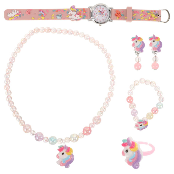 1 Set Flickor Unicorn Smycken Söt Smycken Unicorn Klocka Pärlor Unicorn Armband Unicorn Halsband Unicorn Öronklämmor Unicorn Ring