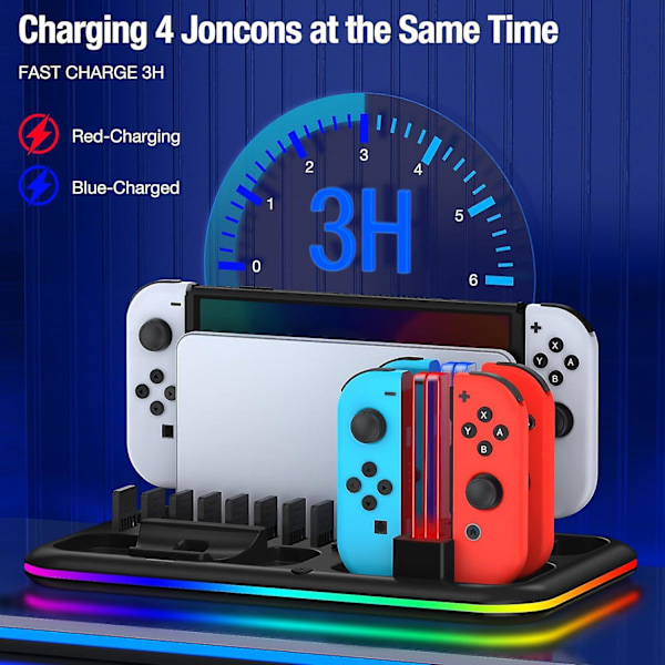 RGB-omkopplare laddningsstation för Switch/Switch Oled, laddningsdocka för Joycon och Switch Pro-kontroller, Switch-tillbehör