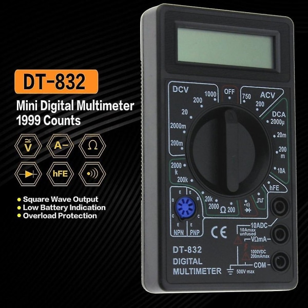 Dt-832 1999 digitalt multimeter AC / Dc Amps teller Volt Ohm Tester Voltmeter Amperemeter Multimeter Sort