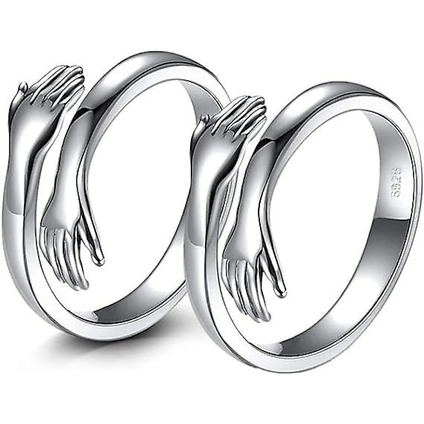 Set of 2 Hug Rings,Silver Hug Rings for Women Men Girls Hug Hands Rings Love Hugging Open Promise Ring Couples Wedding Statement Bands Adjustable Unis