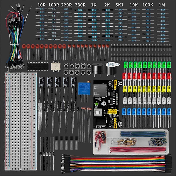 R3 DIY-projektin sarja, R3 elektroninen DIY-sarja, elektroninen komponenttisarja laatikolla ja 830-nastainen kytkentälevy