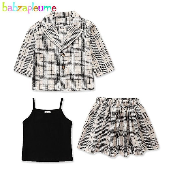 Efterårs Toddler Outfit Lille Pige Tøj Sæt Mode Plaid Børn Yderbeklædning + Vest + Skørt Kids Boutique Tøj 130 3pcs