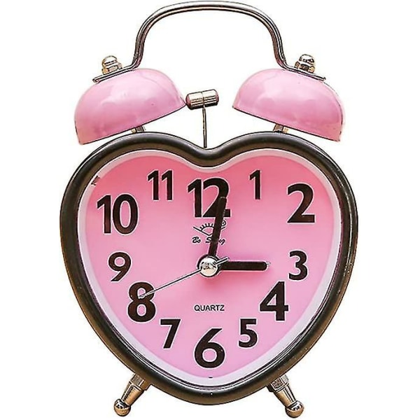 Reloj despertador con doble campana, despertador con forma de corazón, sin tictac, con luz nocturna para dormitorio de niños y niñas (rosa)