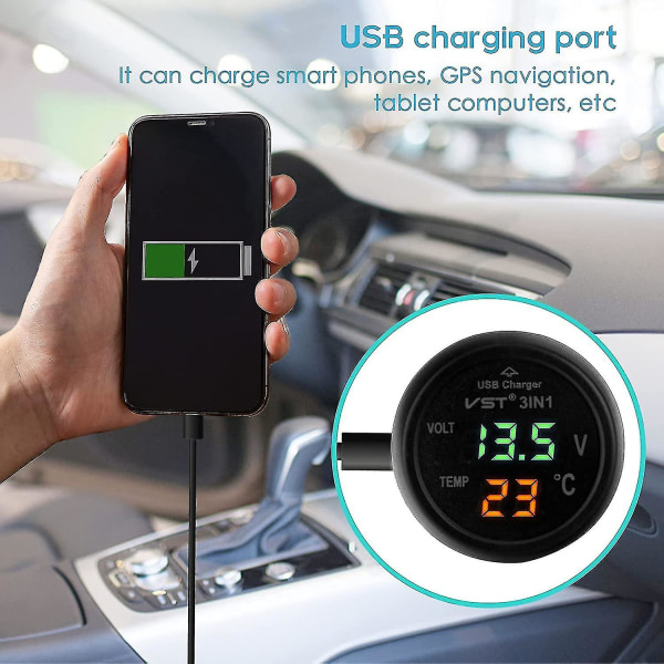 Bilvoltmätare, 3 i 1 12-24v bil bil USB laddare voltmeter med digital LCD display panel Temperatur testare spänningsmätare för bilar och tr
