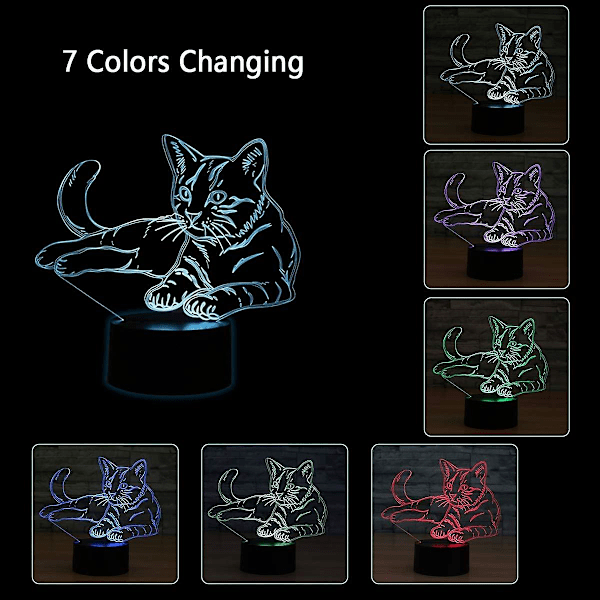 3D Optisk Illusionslampe LED Nattelys for Baby Barn, 3d Katt Lampe 7 Farger Skiftende Berøringslampe Soverom Deco Katt Lampe med USB-kabel