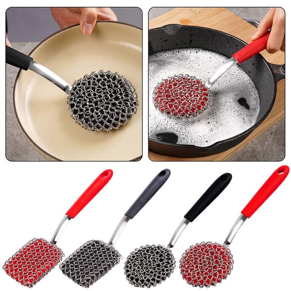 Rustfrit stål ringbrynje grillskrubber til gryder, pander og grillriste Round Black