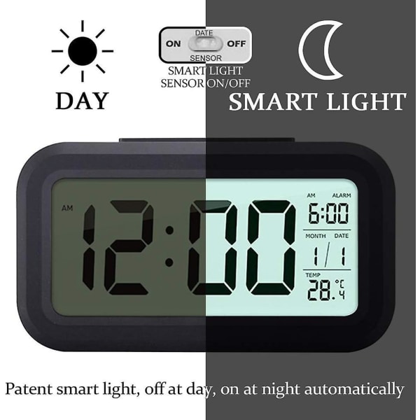 Digital Trådløs Batteridrevet Vekkerklokke Med Dato, Temperatur, Smart Lysføler, 12/24 Timer, Snooze For Soverom, Kontor 5.31 X 2.95 X 1.77