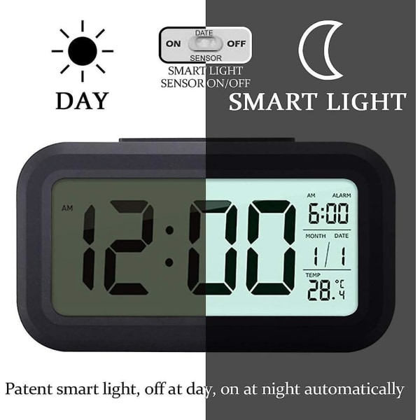 Digital trådlös batteridriven väckarklocka med datum, temperatur, smart ljussensor, 12/24 timmar, snooze för sovrum, kontor 5,31 X 2,95 X 1,77