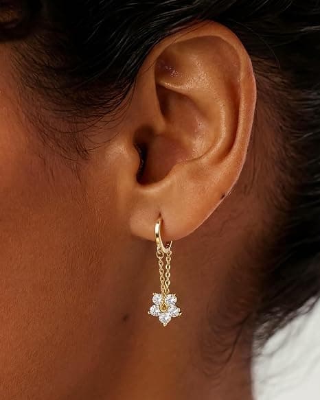 Damemode 14K guldbelagte øreringe, dingleøreringe, enkle cubic zirconia blomster dingleøreringe
