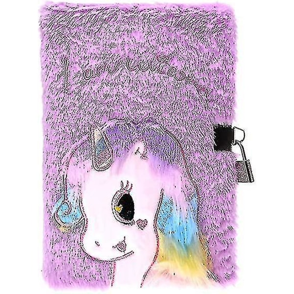 Plyschdagbok med lås, härlig Unicorn Fluffy Notebook, unicorn Diary med lås och nycklar, plysch Unicorn Notebook, Plysch Secret Diary Fodrad Notebook för Wr
