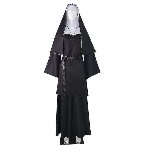 Nunna Cosplay Musta pitkä mekko Scraf-asu Yhteensopiva Naisten Loistava Cosplay Aikuisten Halloween Horror Ghost Fancy Mekko