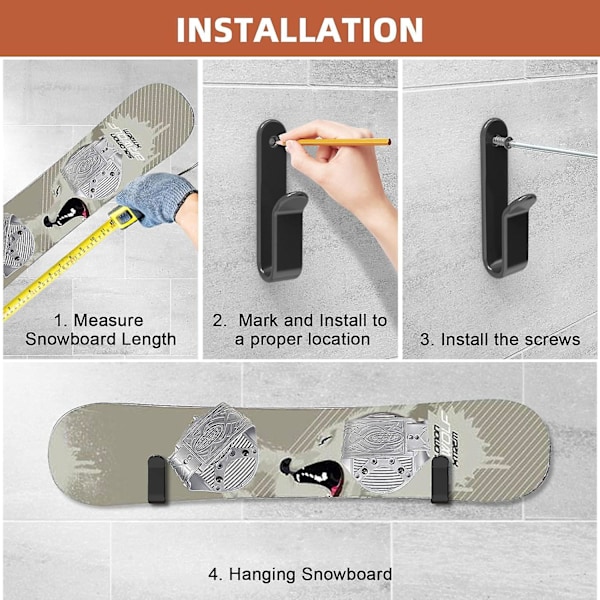 Horisontale snowboardveggmonteringsklips, snowboardstativ veggmontering, snowboardoppbevaringsstativ, snowboardveggmontering