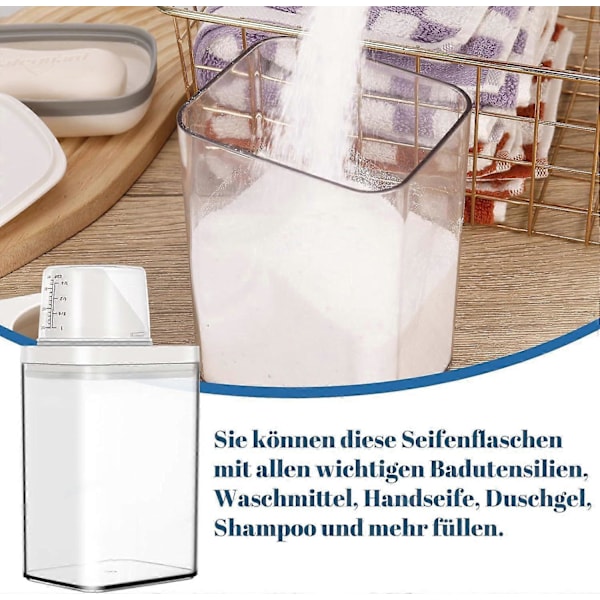 2 stk. Lufttett vaskemiddelbeholder med målebeger, vanntett, slitesterk design, enkel å bruke
