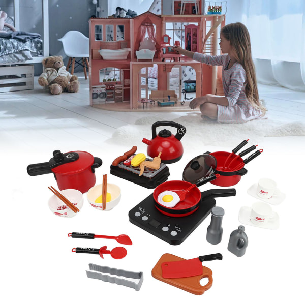 Barn Simulering Set Rollspel Matlagning Fantasifull Plast Låtsas köksleksaker Röd