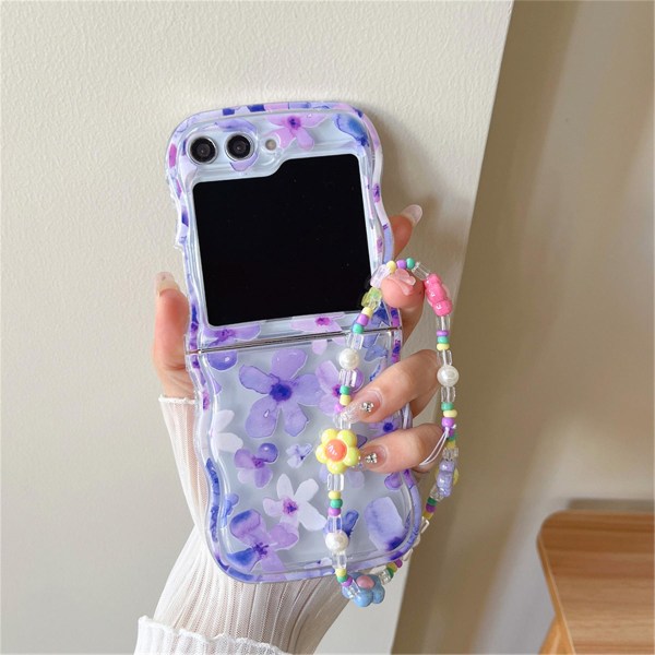 Z Flip 5 Case, Cute Floral Flower Case Compatible Samsung Galaxy Z Flip 5 With Bracelet Wristband Chain For Girl Gifts