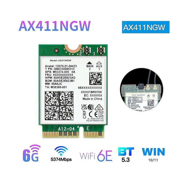 Ax411 Wifi-kortti+antenni Wifi 6e Cnvio2 Bt 5.3 -kaistainen 5374mbps verkkosovitin kannettavalle tietokoneelle/pc Win1