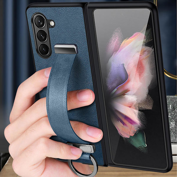 Kotelo yhteensopiva Samsung Galaxy Z Fold 5:n kanssa, PU-nahkainen takakansi käsihihnalla ja jalustalla