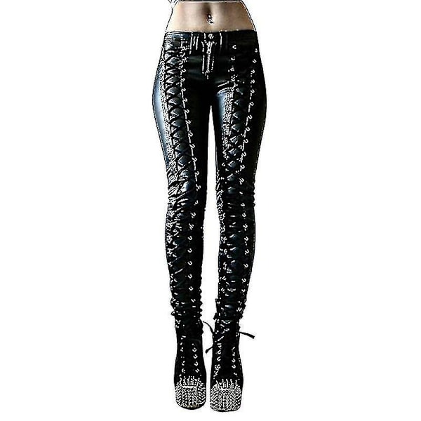 Dam Leggings i Konstläder, Gothic Punk Skinny PU-Läderbyxor