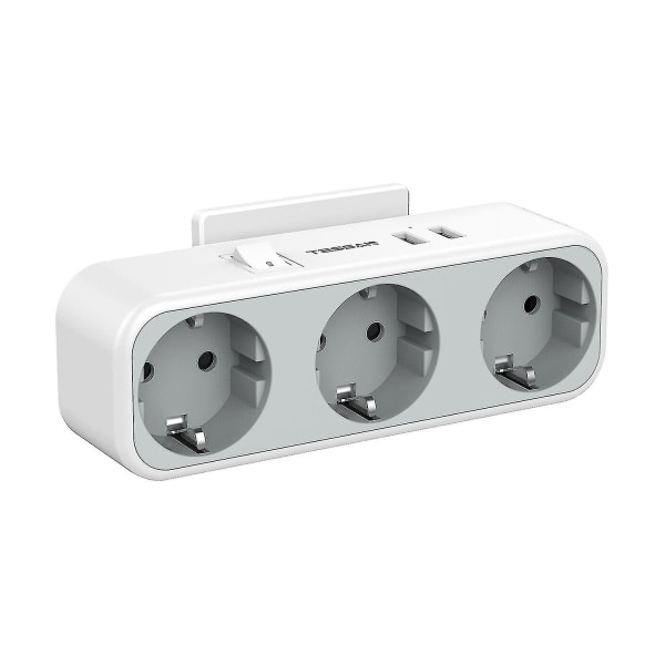 Vægmonteret stikkontakt adapter 3-vejs med 2 USB-porte og switch, 3 stikkontakter europlug til stikkontakt, Multipl