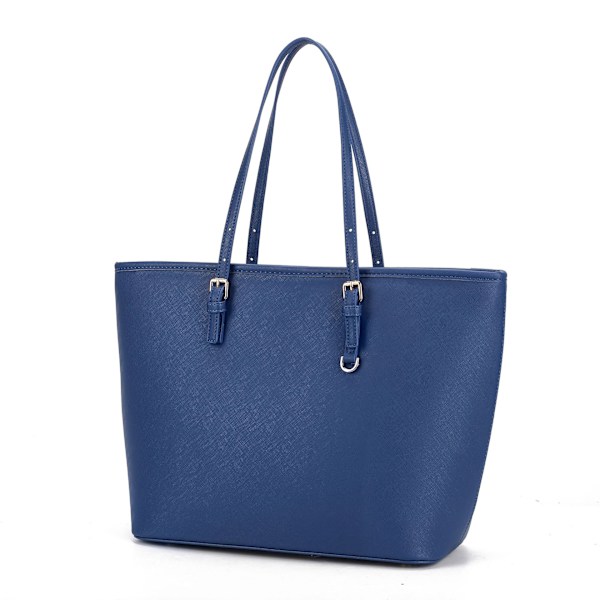 Stor Damer Shopping Tote - Skuldertote Bag PU Lær Lang Håndtak - A4 Stor Kapasitet Shopping Bag - Arbeid Student Bag - Kongeblå